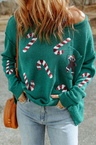Зеленый свитер с рождественским принтом и карманом