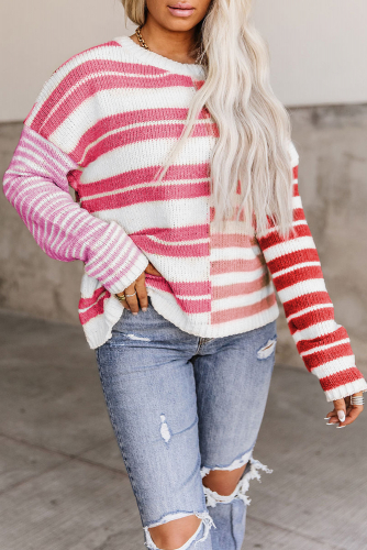 Бело-красный полосатый свитер в стиле колорблок