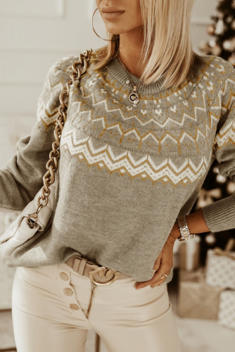Серый свитер с круглым вырезом и геометрическим узором