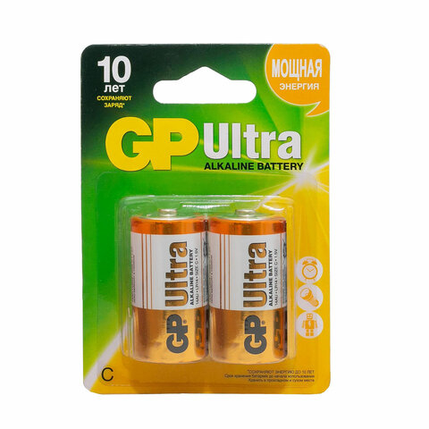 Батарейки GP Ultra, С (LR14, 14 А), алкалиновые, КОМПЛЕКТ 2 шт., блистер, 14AU-2CR2, 456687
