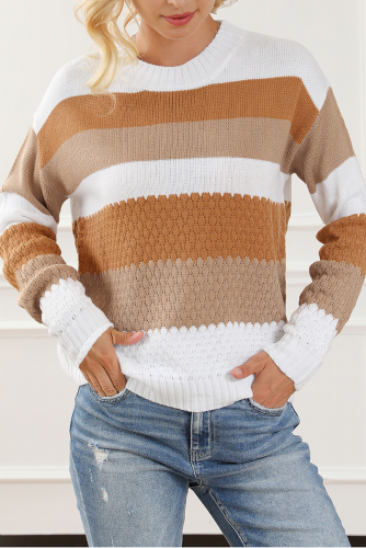 Каштановый полосатый вязаный свитер с заниженными плечами
