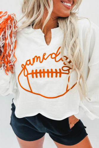 White Game Day Lettering Rugby Notched Neck Sweatshirt