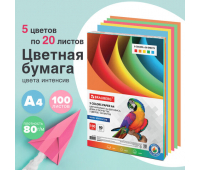 Бумага цветная BRAUBERG, А4, 80 г/м2, 100 л., (5 цветов х 20 л.), интенсив, для офисной техники, 112461