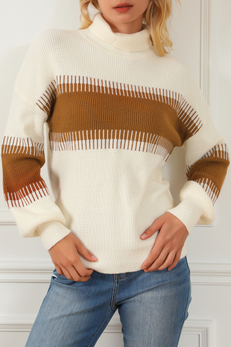 Коричнево-белый свитер с высоким воротником