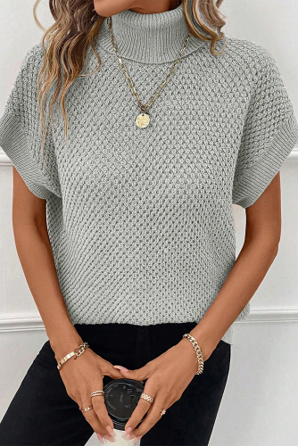 Light Grey Turtleneck Textured Short Sleeve Sweater