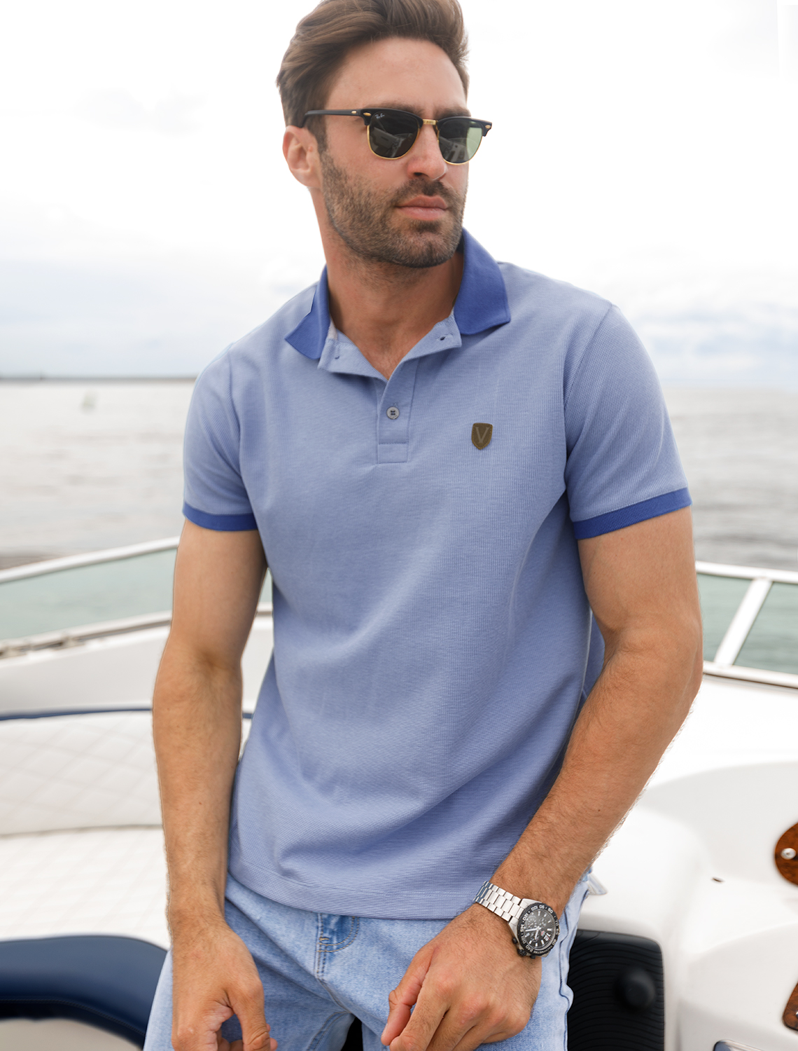 Ст.цена 1690р Поло из фактурного материала из премиального хлопка U49.010 темно-голубой