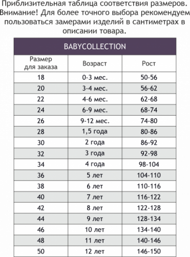 РАЗМЕРНАЯ СЕТКА  BABYCOLLECTION