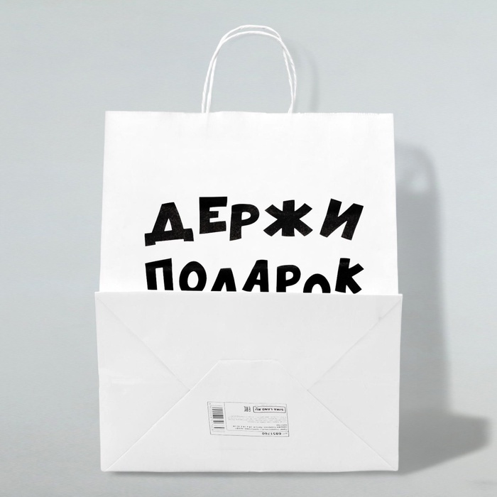 Пакет подарочный с приколами, крафт «Держи подарок», белый, 24×10.5×32 см