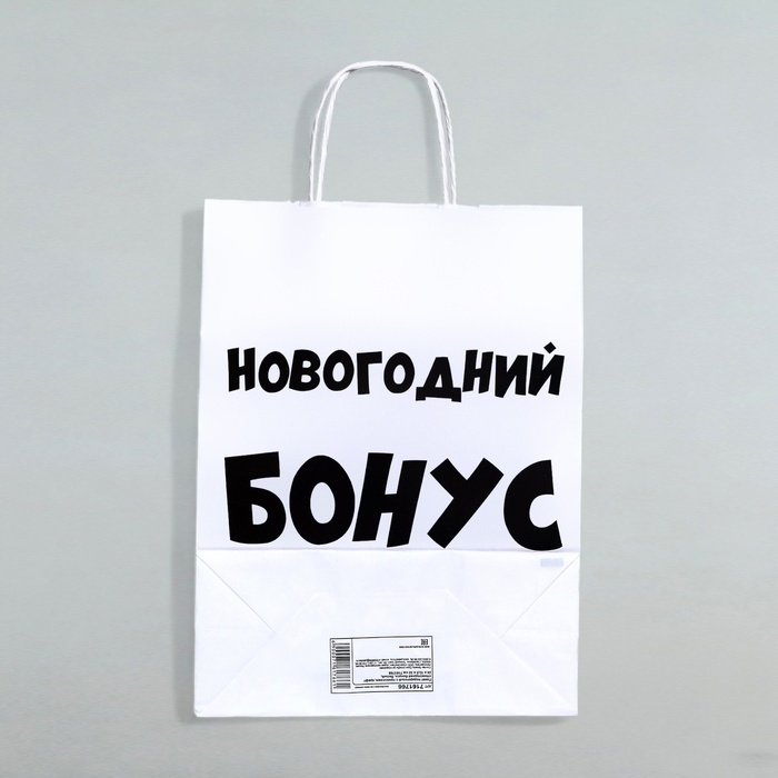 Пакет бумажный подарочный новогодний крафт «Новогодний бонус», белый, 28×24×14 см