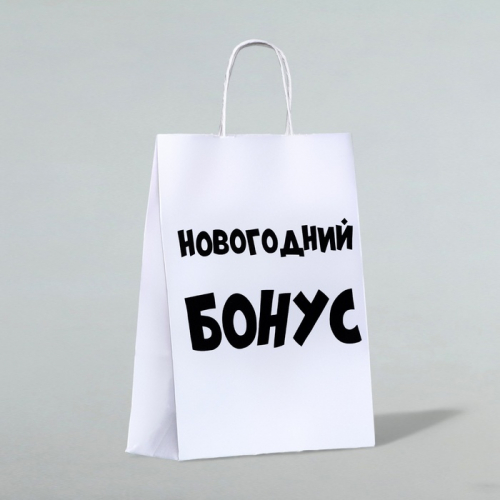 Пакет бумажный подарочный новогодний крафт «Новогодний бонус», белый, 28×24×14 см