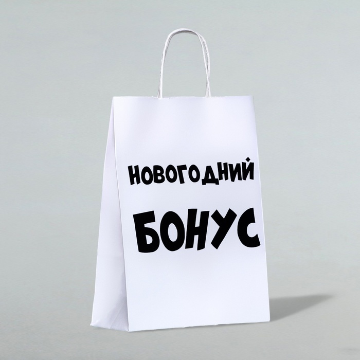 Пакет бумажный подарочный новогодний крафт «Новогодний бонус», белый, 28×24×14 см