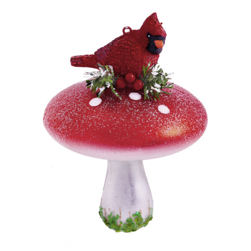 Красный кардинал на грибочке (стекло) 9х9х13 см