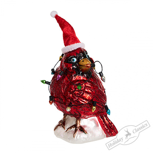 Птица Кардинал с разноцветными лампочками (стекло) 7,5х6,5х12,5 см