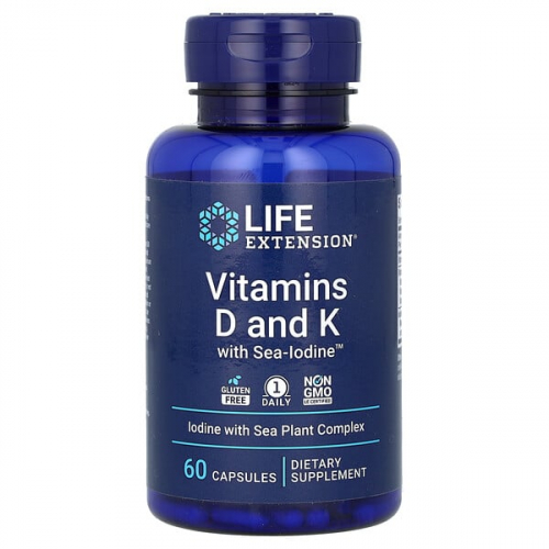 Life Extension, витамины D и К с йодом Sea-Iodine, 60 капсул