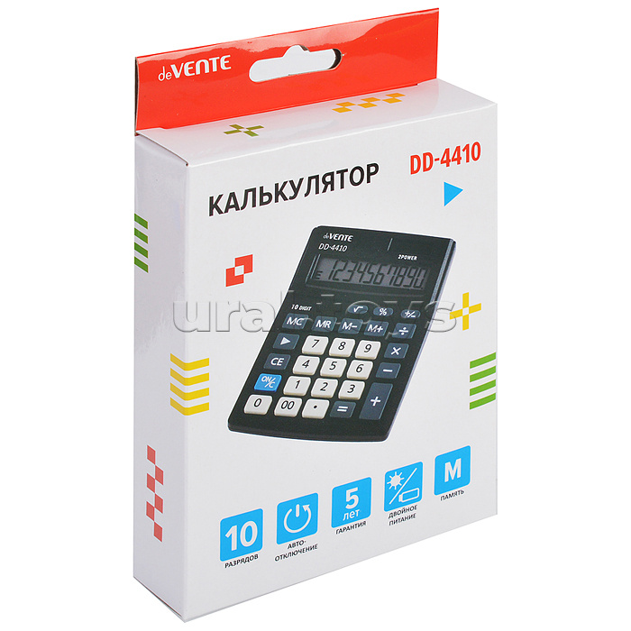 Калькулятор настольный, 102x137x31 мм, 10 разрядный, автоматическое вычисление квадратного корня, процентов, коррекция последнего введенного значения, работа с памятью, кнопка