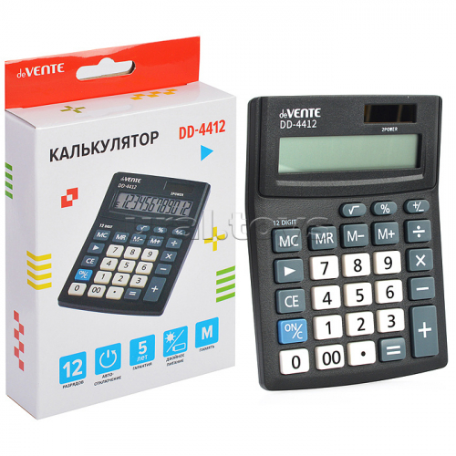 Калькулятор настольный, 102x137x31 мм, 12 разрядный, автоматическое вычисление квадратного корня, процентов, коррекция последнего введенного значения, работа с памятью, кнопка 