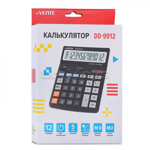 Калькулятор настольный DD-9912, 154x203x25, 12 разрядный, большой экран, подъемный дисплей, двойное питание, двойная память, автоматическое вычисление процентов, наценки, клавиша 