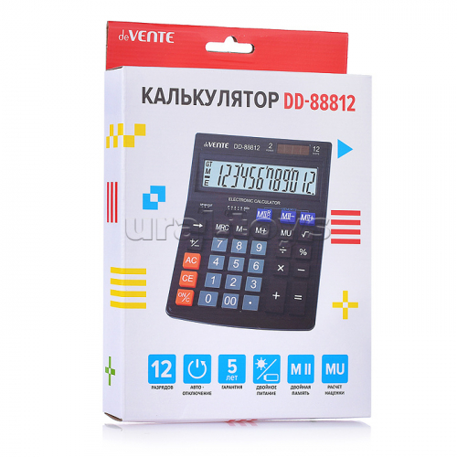 Калькулятор настольный DD-88812, 145x190x35 мм, 12 разрядный, двойное питание, двойная память, автоматическое вычисление процентов, наценки, клавиша 