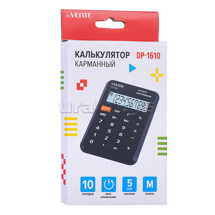 Калькулятор карманный DP-1610, 64x98x12 мм, 10 разрядный, автоматическое вычисление квадратного корня, процентов, работа с памятью, черный, в картонной коробке