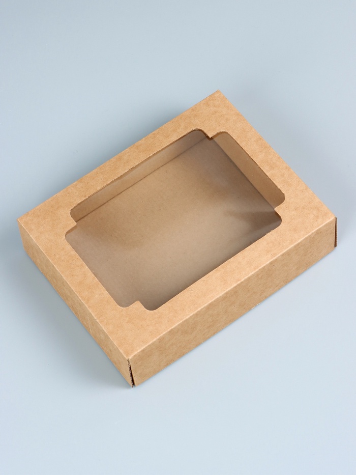 Коробка сборная без печати крышка - дно бурая с окном 18×15×5 см