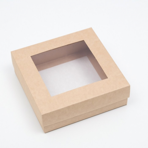 Коробка складная, крышка-дно,с окном, крафт, 15 х 15 х 5 см