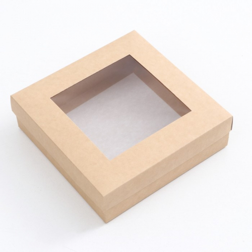 Коробка складная, крышка - дно, с окном, крафтовая, 20×20×6 см
