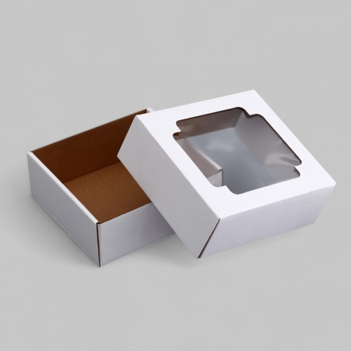 Коробка сборная без печати крышка-дно белая с окном 14.5×14.5×6 см