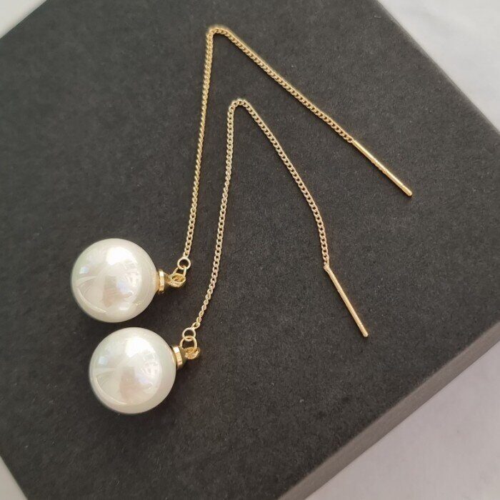Серьги протяжки длинные висячие на цепочке с жемчугом, покрытие: позолота, цвет жемчуга: белый перламутровый, арт.001.632