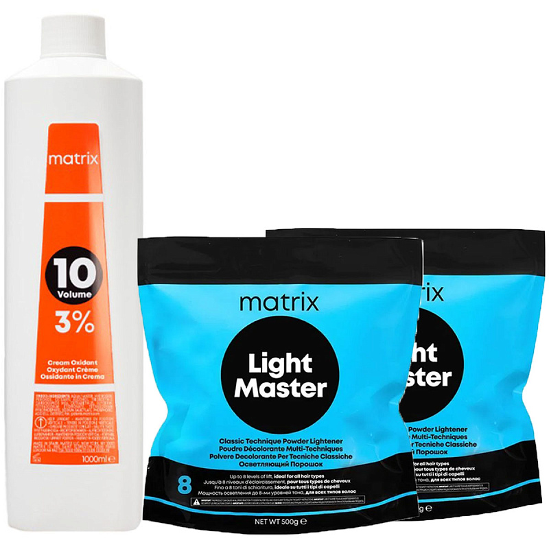 MATRIX Набор для осветления волос: осветляющий порошок Light Master, 500 гр х 2 шт + крем-оксидант10 vol. 3%, 1000 мл