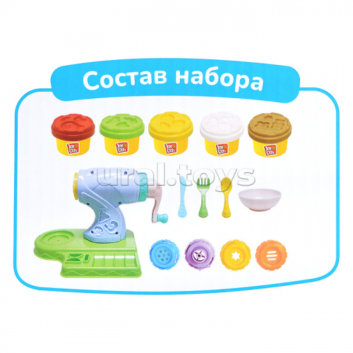 Масса для лепки набор Pasta set - Машинка для лапши, фабрика пасты, смен. насадки, 4 аксессуара, 5 баночек с тестом, (5 х 28г.)