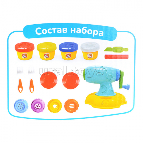 Масса для лепки набор Pasta machine - Макаронница, машинка для пасты, смен. насадки, 11 аксессуаров, 4 баночки с тестом, (4 х 50г.)