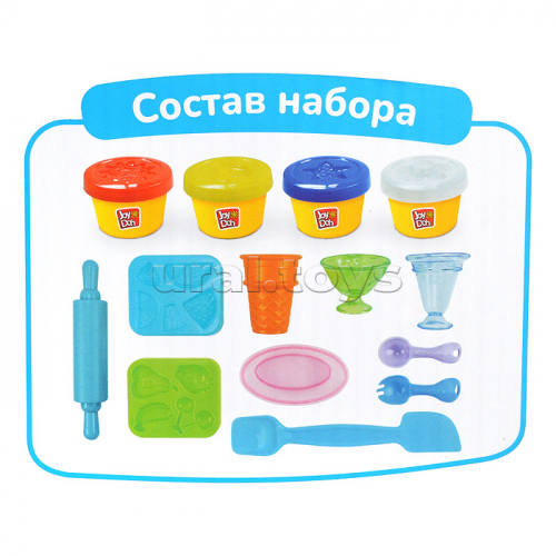 Масса для лепки набор Ice-cream set - Мороженое, доп. пресс-формы для фруктов, 10 аксессуаров, 4 баночки с тестом, (4 х 50г.)