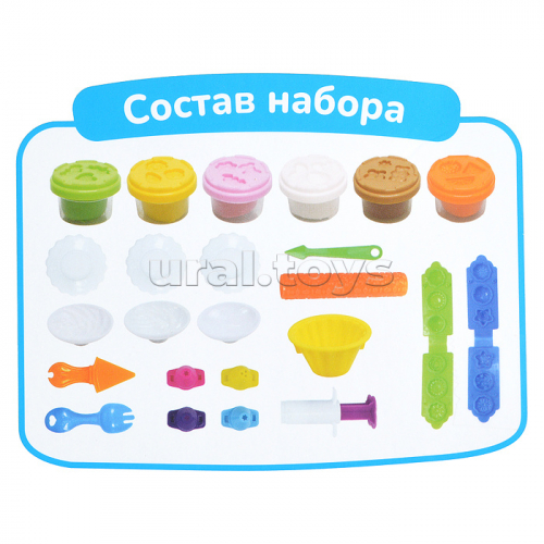 Масса для лепки набор Cupcake set - Любимые пирожные, 3d формы, 18 аксессуаров, 6 баночек с тестом, (6 x 28 г.)