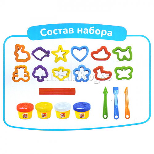 Масса для лепки набор Cookie cutter set - Изучаем цвета и формы, 16 аксессуаров, 4 баночки теста, (4 x 50 г.)