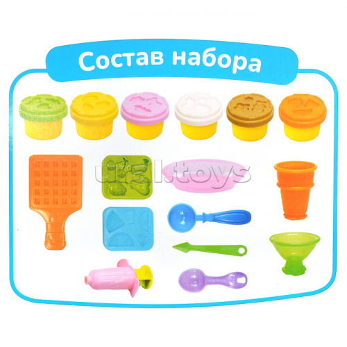 Масса для лепки набор Ice-cream & wafles - Мороженое и вафли, 3d формы, 10 аксессуаров, 6 баночек с тестом, (6 x 28 г.)