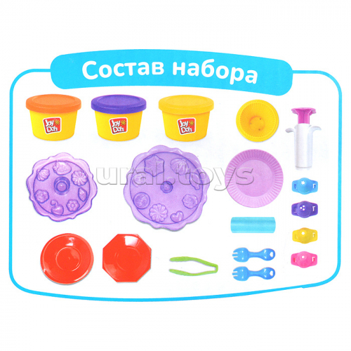 Масса для лепки набор Dessert fun - Сладкоежка, поднос с пресс-формами, 15 аксессуаров, 3 баночки с тестом, (3 х 50 г.)