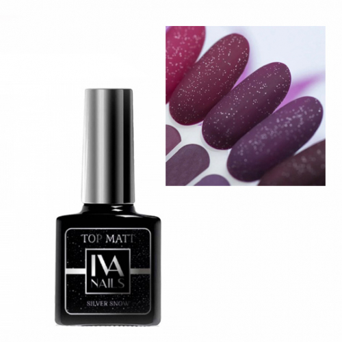 IVA Nails, Top Matte SILVER SNOW Матовый топ с серебристыми блёстками, 8мл