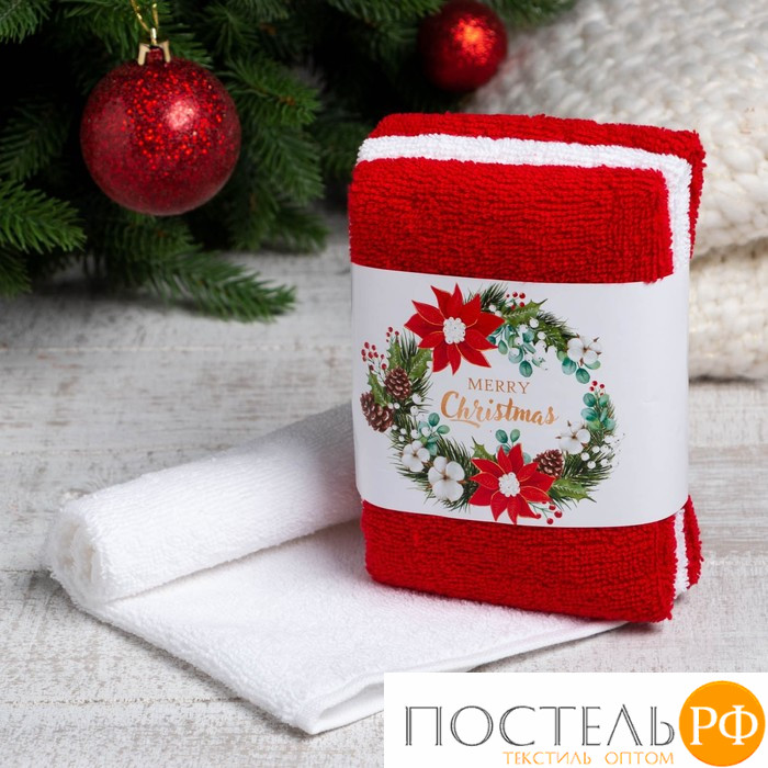 Набор махровых полотенец Этель Merry christmas 30х30 см-3шт, 340гр/м2, 100% хлопок 7351388
