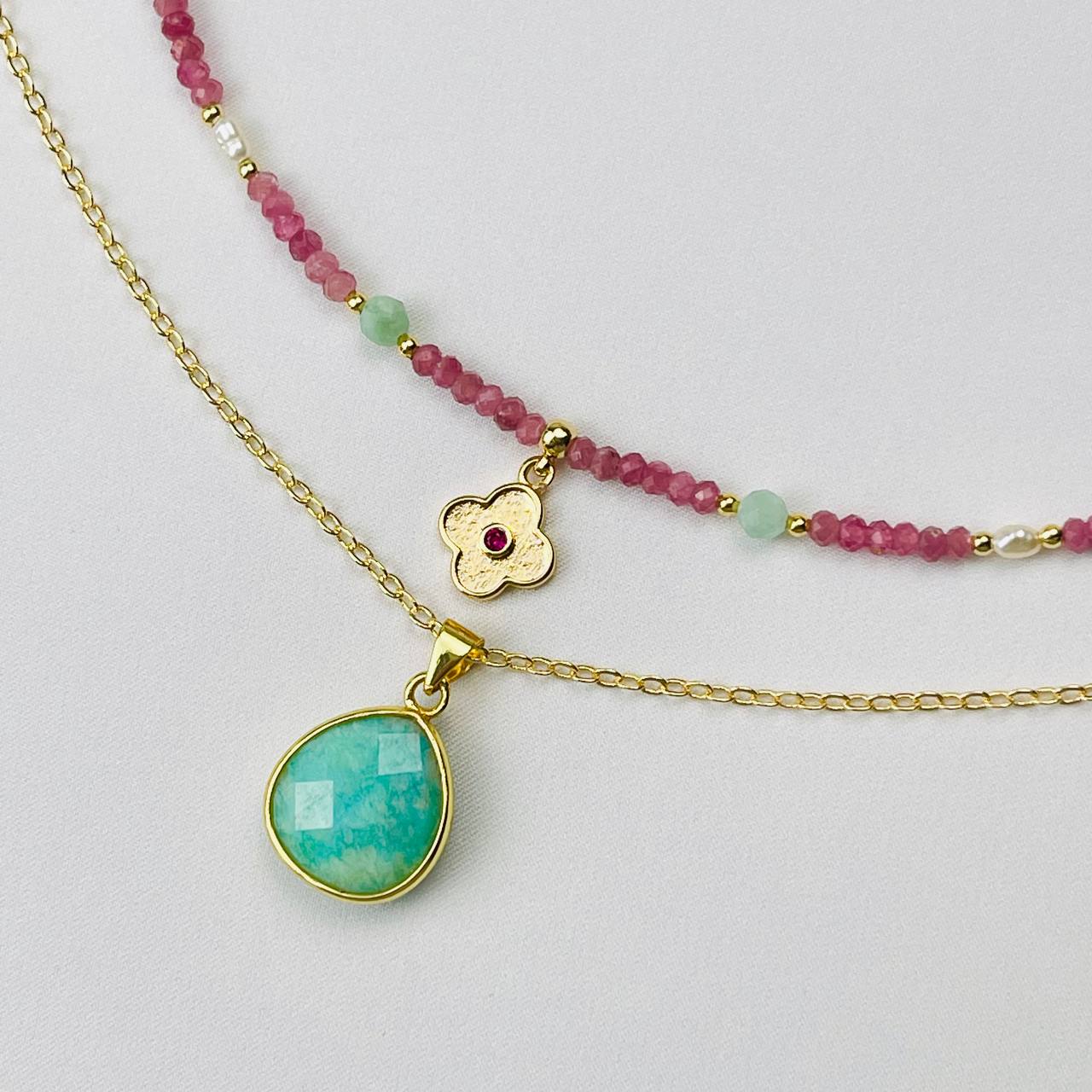 Радуга Самоцветов Колье двойное из розового Турмалина,Амазонита и Жемчуга