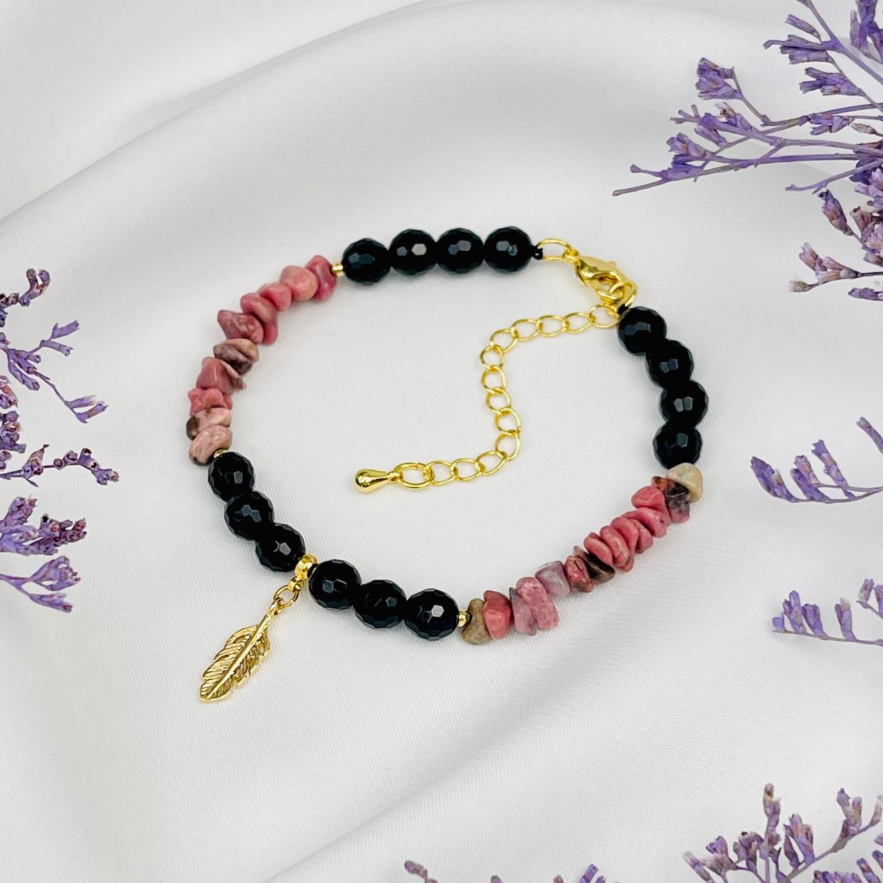Радуга Самоцветов Браслет из черного Агата и Родонита с подвеской