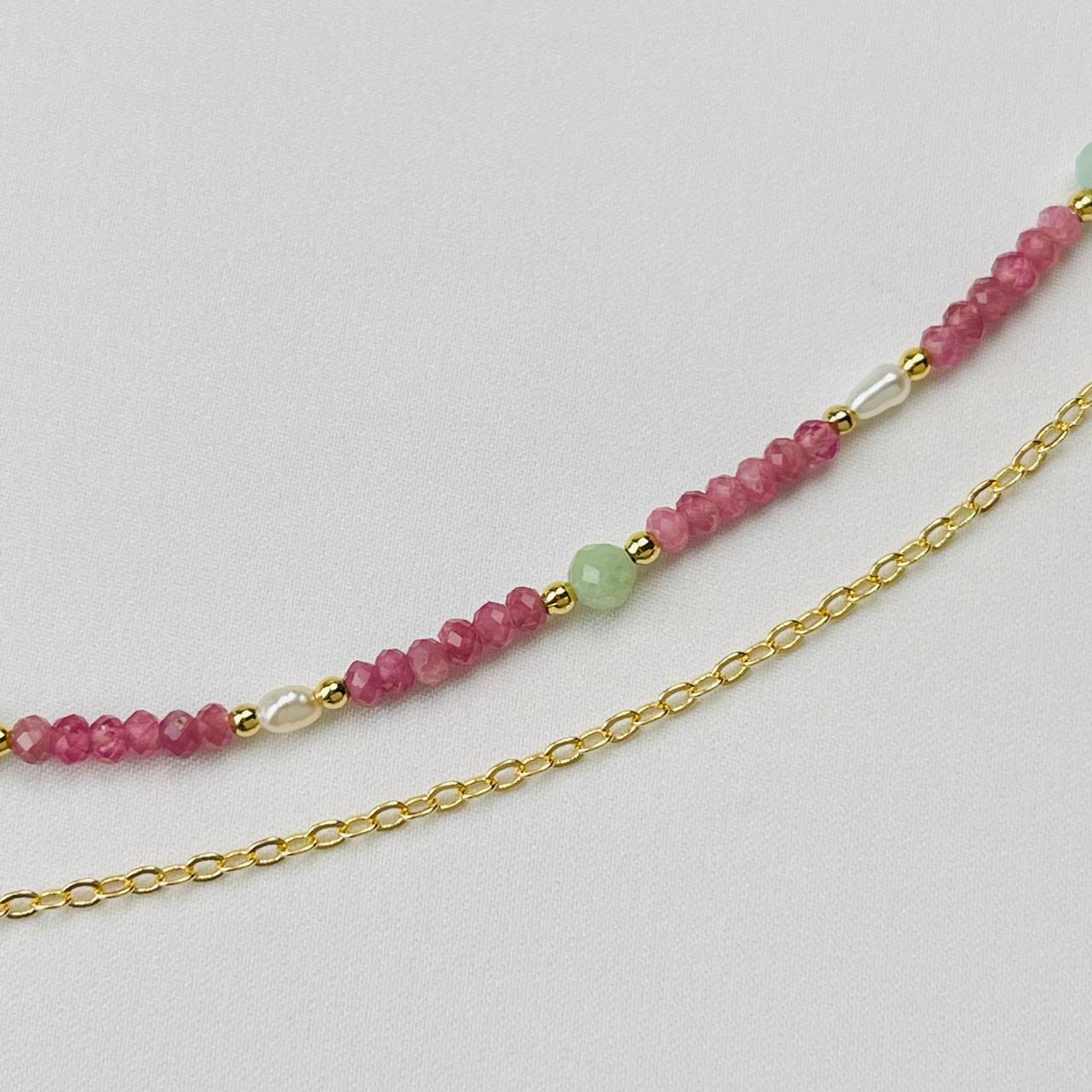 Радуга Самоцветов Колье двойное из розового Турмалина,Амазонита и Жемчуга