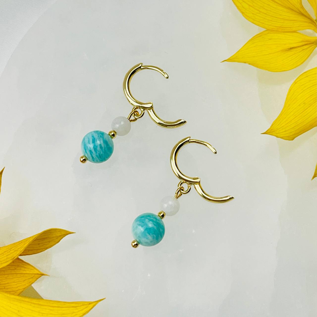 Радуга Самоцветов Серьги двойные из Амазонита и Лунного камня