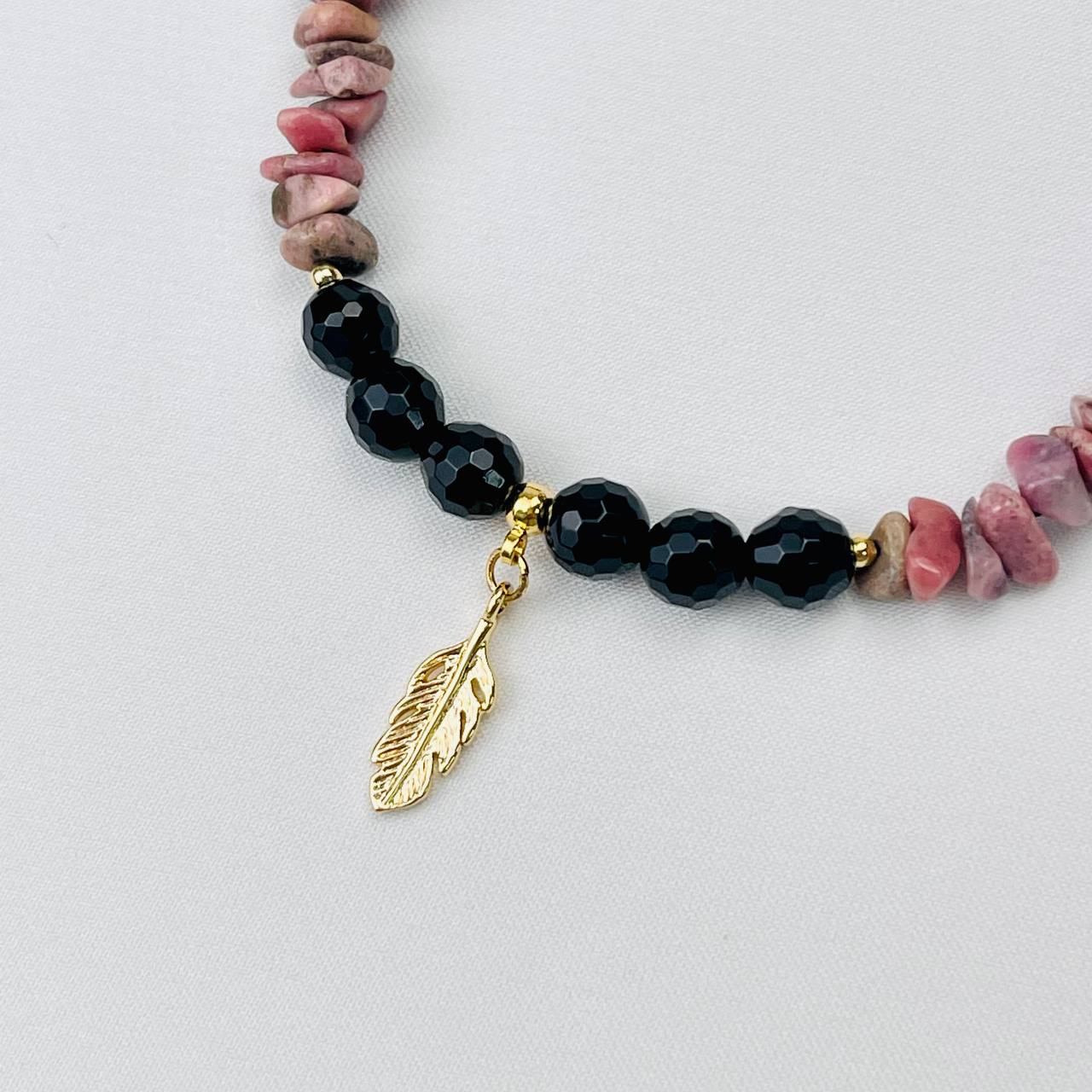 Радуга Самоцветов Браслет из черного Агата и Родонита с подвеской