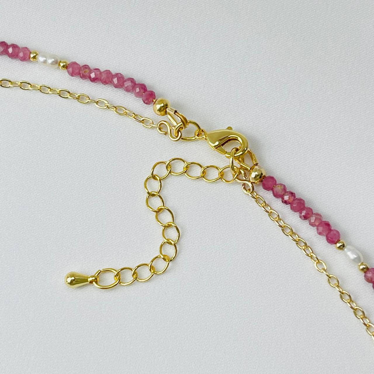 Радуга Самоцветов Колье двойное из розового Турмалина,Амазонита и Жемчуга