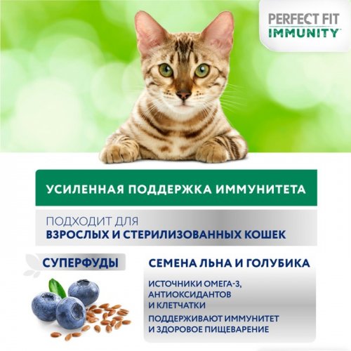 Сухой корм Perfect Fit для кошек, говядина, лён, голубика, 580 г