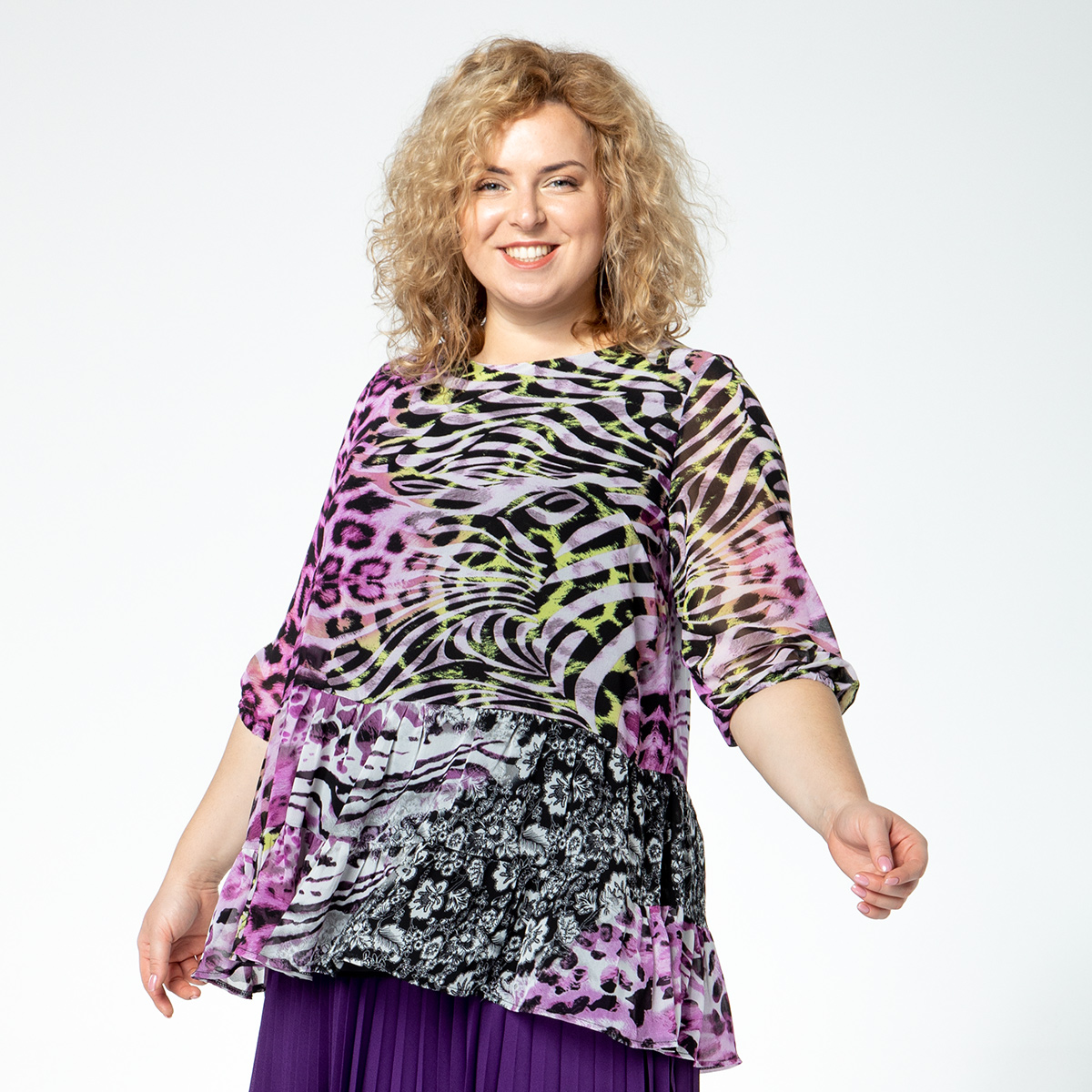 ст. цена1400руб.! Туника, шифон, подкладка, фиолетовый