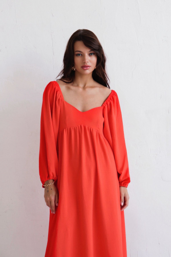 9812 Платье-миди с пышными рукавами красно-оранжевое