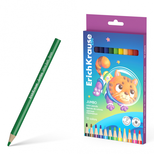 Цветные карандаши деревянные ErichKrause Kids Jumbo Space Animals трехгранные, грифель 5 мм, 12 цветов (в коробке с европодвесом 12 шт)