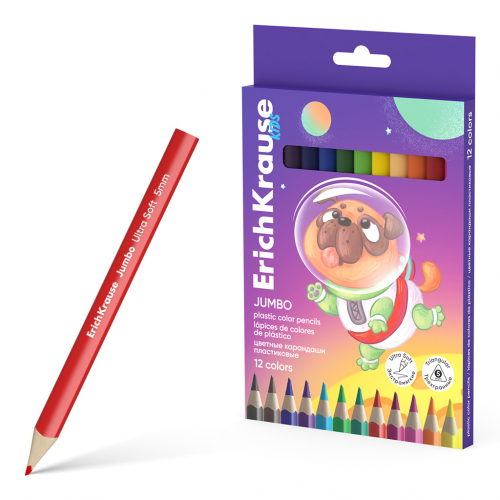 Цветные карандаши пластиковые ErichKrause Kids Jumbo Space Animals трехгранные, грифель 5 мм, 12 цветов (в коробке с европодвесом 12 шт)