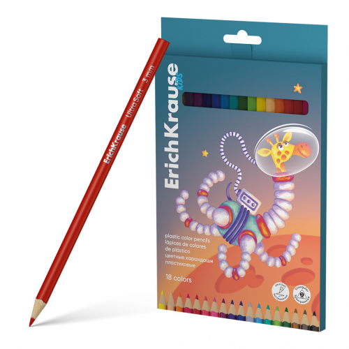 Цветные карандаши пластиковые ErichKrause Kids Space Animals трехгранные, грифель 3 мм, 18 цветов (в коробке с европодвесом 18 шт)
